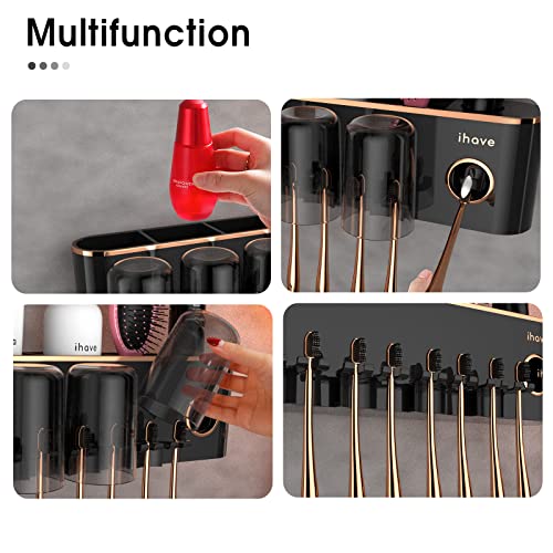 iHave Toothbrush Holders for Bathrooms Wall Mounted with Dispenser & 4 Cups | 12 Slots Wall Mount Toothbrush Holders for Bathrooms with Squeeze Toothpaste Dispenser, 4 Cups & 4 Compartments Organizer - color: Black 4 Cups