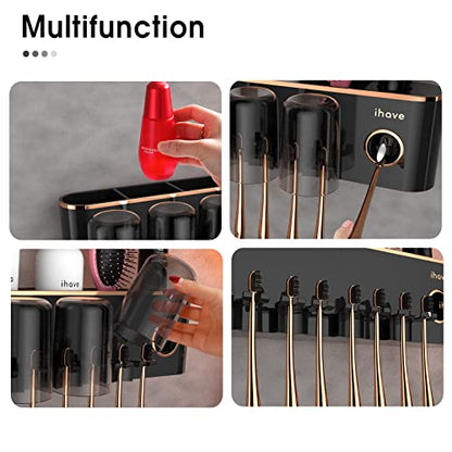 iHave Toothbrush Holders for Bathrooms Wall Mounted with Dispenser & 4 Cups | 12 Slots Wall Mount Toothbrush Holders for Bathrooms with Squeeze Toothpaste Dispenser, 4 Cups & 4 Compartments Organizer - color: Black 4 Cups