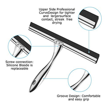 Ibergrif M34101 Shower Squeegees, Silicone Window Squeegee, Shower Cleaner for Window, Glass, Shower Door, Car Windshield, Include Shower Hooks, Stainless Steel