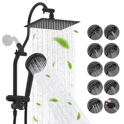 Hibbent High Pressue All Metal 8" Rainfall Shower Head, Handheld 10-Spray | cUPC Certified Matte Black Dual Showerhead Combo, 4-way Diverter with Pause Mode, Brass Extension Arm, 71'' Hose & Holder - color: Matte Black, style: Square 8"