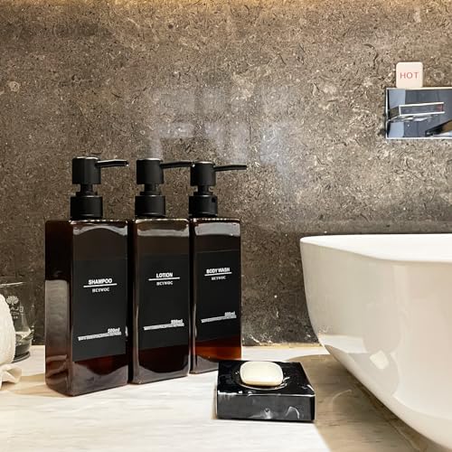 Shampoo and Conditioner Dispenser, No Drill, 16 Waterproof Labels | Shampoo Dispenser for Shower Wall, Shower Soap Dispenser Wall Mounted 3 Chamber, Bathroom, 17oz, Black Amber - color: Amber Bottle + Black Pump