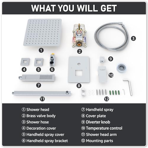 Iriber 12 Inch Bathroom Shower System Polish Chrome Wall Mounted Square Mixer Shower Faucet Combo Set with Hand Held Rough-in Valve Rainfall Shower and Trim - color: Chrome 05