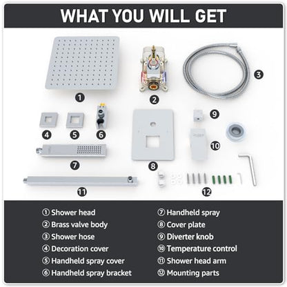 Iriber 12 Inch Bathroom Shower System Polish Chrome Wall Mounted Square Mixer Shower Faucet Combo Set with Hand Held Rough-in Valve Rainfall Shower and Trim - color: Chrome 05