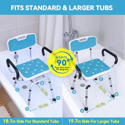 Swivel Shower Chair with Removable Back and Arms, Adjustable Height | 400 lbs Shower Chair for Elderly and Disabled, 360° Rotating with Locking Seat, Non-Slip Bath Seat for Inside Shower, Tub - color: Light Blue