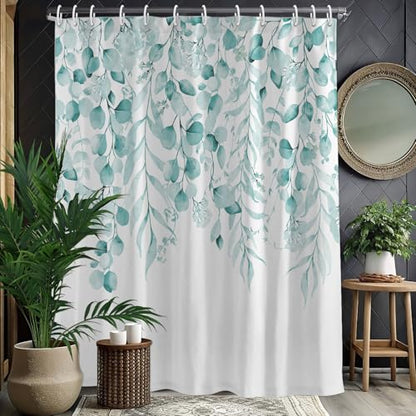 KAIRA Teal Eucalyptus Shower Curtain, Watercolor Plant Leaves with Natural Bathroom Shower Curtain,72" W x 72" L, Waterproof and Durable Polyester Fabric, Easy to Clean,Includes 12 Hooks - color: Teal