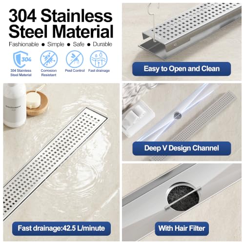 Neodrain 24" Linear Shower Drain, Brushed 304 SS Bathroom Linear Drain,cUPC | Brushed Nickel Shower Drain with Quadrato Grate& Adjustable Feet, Long Rectangle Shower Floor Drain in Bathroom, Balcony etc - color: Brushed Nickel, size: 24 In