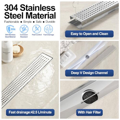 Neodrain 24" Linear Shower Drain, Brushed 304 SS Bathroom Linear Drain,cUPC | Brushed Nickel Shower Drain with Quadrato Grate& Adjustable Feet, Long Rectangle Shower Floor Drain in Bathroom, Balcony etc - color: Brushed Nickel, size: 24 In