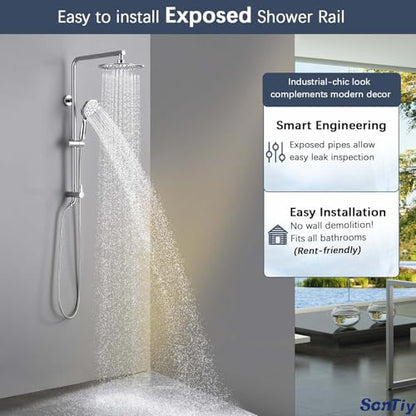 SonTiy 9" Shower Head with Handheld Spray, Rain Shower Heads System, 5 Spray Mode Handheld, Modern Shower System with Easy Reach Diverter, 72'' Hose and Height Adjustable Holder, Chrome - color: Chrome, style: 2.5 Gallons Per Minute-Round