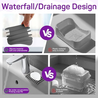 2 Pcs Self Draining Silicone Soap Holder - Waterfall Design Soap Dishes for Bathroom, Keeps Soap Bars Dry & Clean (Grey+Clear) - color: Grey+clear