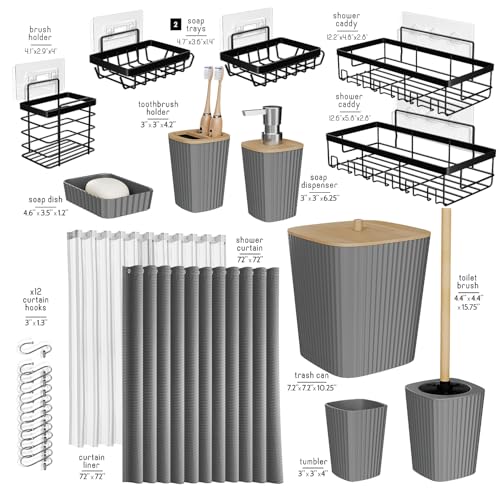 Clara Clark Bathroom Set, Shower Curtain Set and Shower Caddy Hanging | 25 Piece Grey Bathroom Accessories Set with Toothbrush Holder, Soap Dispenser, Soap Dish, Toilet Brush, and Trash Can - color: Grey, size: Complete Set + Shower Caddy