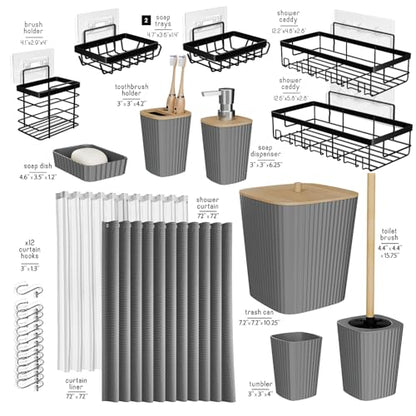 Clara Clark Bathroom Set, Shower Curtain Set and Shower Caddy Hanging | 25 Piece Grey Bathroom Accessories Set with Toothbrush Holder, Soap Dispenser, Soap Dish, Toilet Brush, and Trash Can - color: Grey, size: Complete Set + Shower Caddy