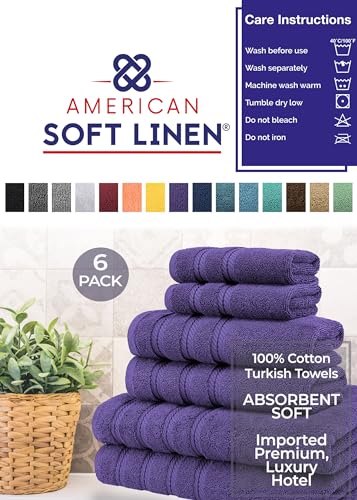 American Soft Linen 100% Carde Cotton 6 Piece Towel Set, 590 GSM Heavy Weight Soft Absorbent Turkish Towels for Bathroom, Rich Purple - color: Rich Purple