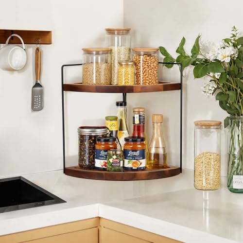 Demigo 2-Tier Corner Bathroom Organizer, Acacia Wood Countertop Shelf | 13.2 x 9.9 in Wooden Corner Shelf for Vanity, Kitchen Counter, Cosmetic & Bathroom Storage, Counter Makeup Organizer