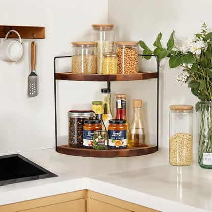 Demigo 2-Tier Corner Bathroom Organizer, Acacia Wood Countertop Shelf | 13.2 x 9.9 in Wooden Corner Shelf for Vanity, Kitchen Counter, Cosmetic & Bathroom Storage, Counter Makeup Organizer