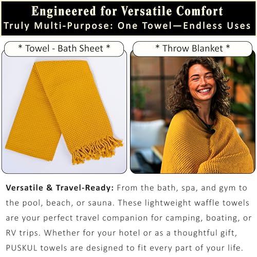 PÜSKÜL 2-Piece Luxury Natural 100% Turkish Cotton Beach Towels Waffle Weave | Mustard, Oversize 35x70" Bath Sheet Towel Lightweight Soft Absorbent Quick-Dry Sand-Free Peshtemal Oeko-Tex Made in Turkey - color: Mustard Yellow