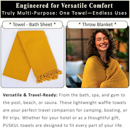 PÜSKÜL 2-Piece Luxury Natural 100% Turkish Cotton Beach Towels Waffle Weave | Mustard, Oversize 35x70" Bath Sheet Towel Lightweight Soft Absorbent Quick-Dry Sand-Free Peshtemal Oeko-Tex Made in Turkey - color: Mustard Yellow