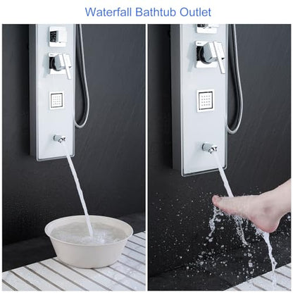 8" Wall Mount Glass Shower Panel Tower System Stainless Steel White | 51 inch Tempered glass shower panel | 8" rain shower head | 14.5" shower arm | 304 stainless steel | Wall mount - style: Square Shower