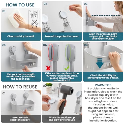 TAILI Shower Caddy Suction Cup 2 Pack, Heavy Duty Bathroom Organizer, Removable Shelves for Inside Shower, Shampoo, Waterproof Suction Plastic Storage for Bathroom Accessories Holder, Gray - style: 2 × Grey