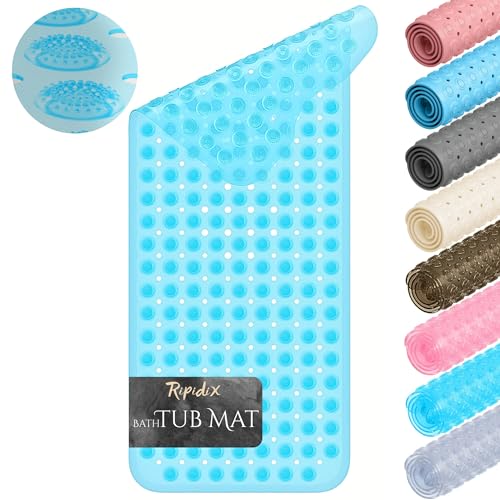 Non-Slip Bathtub Mat – 39"x15.5" Extra Long Shower Mat with Powerful Suction Cups & Drain Holes, Machine Washable Bath Mat for Tub, Foot Massage Texture, Helps Keep Tubs Clean, Clear Blue - color: Light Blue