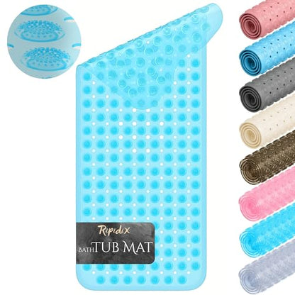 Non-Slip Bathtub Mat – 39"x15.5" Extra Long Shower Mat with Powerful Suction Cups & Drain Holes, Machine Washable Bath Mat for Tub, Foot Massage Texture, Helps Keep Tubs Clean, Clear Blue - color: Light Blue