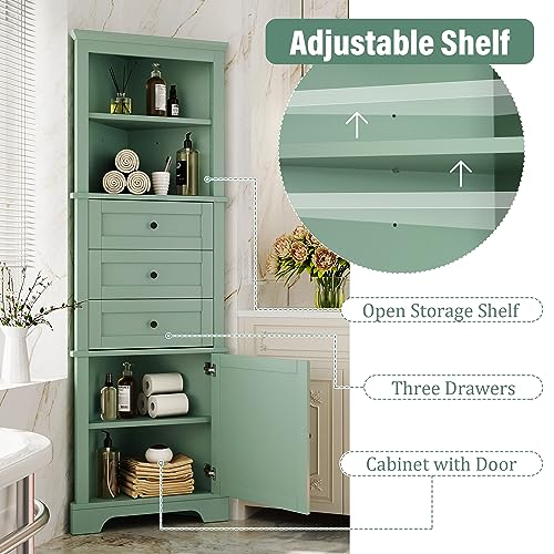 Green Corner Cabinet, 69" Tall Bathroom Storage Cabinet with 3 Drawers & Adjustable Shelves, Triangle Freestanding Linen Tower Pantry Organizer for Small Spaces Kitchen Living Room