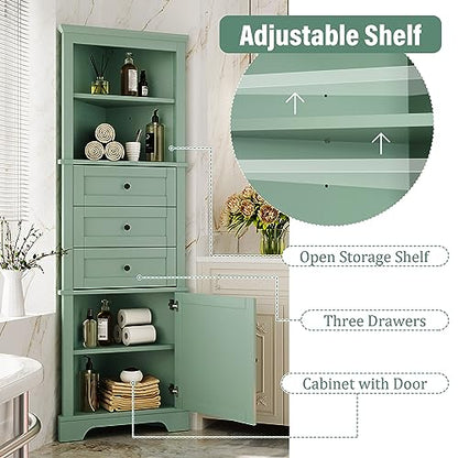 Green Corner Cabinet, 69" Tall Bathroom Storage Cabinet with 3 Drawers & Adjustable Shelves, Triangle Freestanding Linen Tower Pantry Organizer for Small Spaces Kitchen Living Room