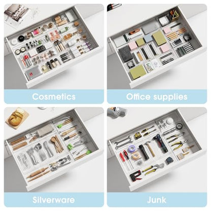 Expandable Makeup Drawer Organizer, Clear Silverware Drawer Organizer Tray. | Width (10.6"-20.1") Depth (11"-20.1") Height1.9", with 6 Removable Dividers, Great for Cosmetic,Utensils,Stationery,Office