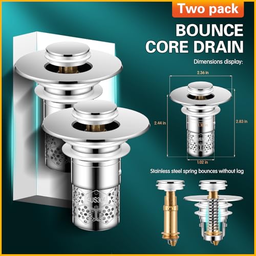 Pop Up Bathroom Sink Stopper, 2Pcs Bathroom Sink Drain Strainer with Removable Stainless Steel Filter Basket Hair Catcher, for US Universal Bathroom Kitchen Basin Sink Stopper Replacement