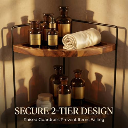 Demigo 2-Tier Corner Bathroom Organizer, Acacia Wood Countertop Shelf | 13.2 x 9.9 in Wooden Corner Shelf for Vanity, Kitchen Counter, Cosmetic & Bathroom Storage, Counter Makeup Organizer