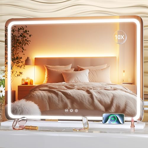 Hasipu Vanity Mirror with Lights, 22.8" x 18" LED Makeup Mirror, Lighted Makeup Mirror with Dimmable 3 Modes, Touch Screen Control Vanity Mirror Round White - color: White, size: 22.8"L x 18"W