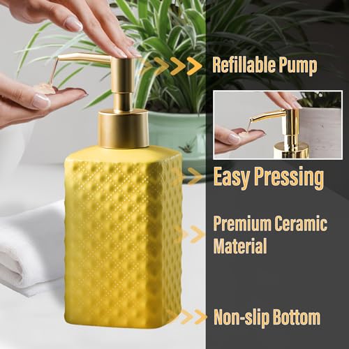 Jessie Bathroom Accessories Set, 3 or 4-Piece Ceramic Bathroom Accessory Set,Soap Dispenser,Toothbrush Holders Set,Tumbler,Soap Dish Embossed Matte Bathroom for Modern Bathrooms (Yellow 4-Piece Suit) - size: Yellow-4 Piece