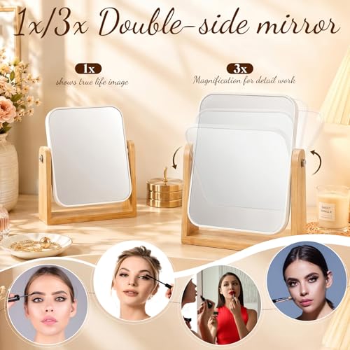 6 Pack Bridesmaid Gifts Double Sided Makeup Mirror, Wedding Favors 1X/3X Magnifying Vanity Mirrors with Bamboo Stand, 360 Degree Swivel Portable Tabletop Mirror for Women Bridal Shower