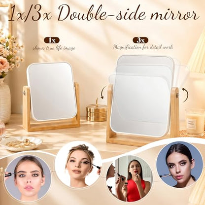 6 Pack Bridesmaid Gifts Double Sided Makeup Mirror, Wedding Favors 1X/3X Magnifying Vanity Mirrors with Bamboo Stand, 360 Degree Swivel Portable Tabletop Mirror for Women Bridal Shower