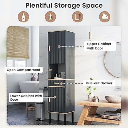 Tangkula Tall Bathroom Cabinet, Freestanding Storage Cabinet w/Doors Cabinet, Open Compartment & Drawer, Narrow Tower w/ 3-Position Adjustable Shelves, Anti-toppling Device & Metal Legs