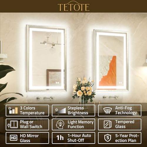 TETOTE 40 x 32 Led Mirror Silver Metal Frame Frontlit & Backlit Vanity Mirror Anti-Fog Stepless Dimmable 3 Colors White/Warm/Natural Wall Mirror with Lights