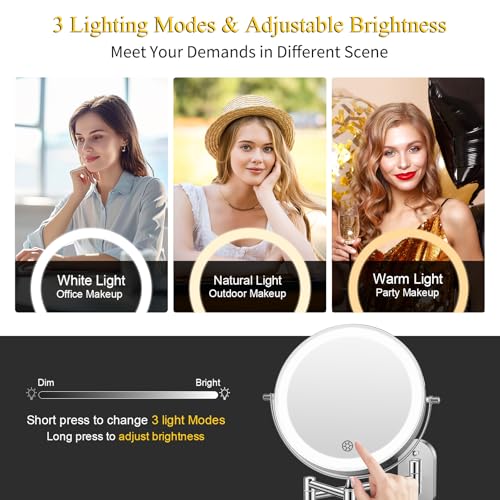 FUNTOUCH 5000mAh Rechargeable Wall Mounted Makeup Mirror with Lights 3X/20X | Double Sided Magnifying,3 Color Lights,Touch Dimmable, Extended Arm 360 Rotation Lighted Bathroom Mirror with Magnification - color: Chrome