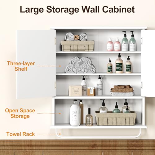 RoyalCraft Bathroom Wall Cabinet with Mirror, Over the Toilet Storage Cabinet with Towel Rack and Adjustable Shelf, Large Bathroom Medicine Cabinet Wall Mount 22x25 inch (White) - color: White