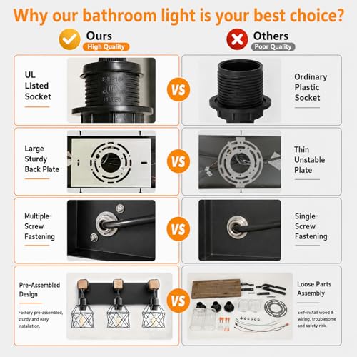 Farmhouse Vanity Light Fixture,3-Light Bathroom Lighting,Black Industrial Wood Wall Light Over Mirror with Metal Shade,Bulbs NOT Included - color: Black, size: 3-Light-Wide 18"