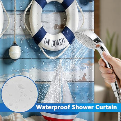 No Hook Shower Curtain with Snap in Liner, Nautical Themed Lifebuoy Shower Curtain with Mesh Top Window and Weighted Hem, 71x74 Inch Double-layer Waterproof Fabric Shower Curtain and Button Liner Set - color: Lifebuoy