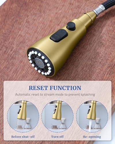 Kitchen Faucet Head Replacement, 15 Adapters, 3-Mode Pull Down Sprayer Head | 3 Functions Stream Spray Pause, Easy 5-Min Install, Pull Out Nozzle, Brushed Gold, Compatible with Moen Delta Hansgrohe - color: Brushed Gold
