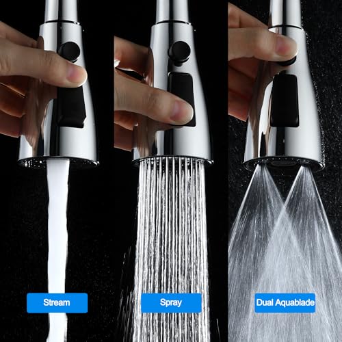 [Upgraded] GORDEE Kitchen Faucet Sprayer Head Replacement, 3-Function(Stream/Spray/Aqua Blade) Sprayer Spout Nozzle w/Check Valve, 1.8 GPM, 9 Adapters to Fit Most Standards of Faucets, Polished Chrome - color: Polished Chrome