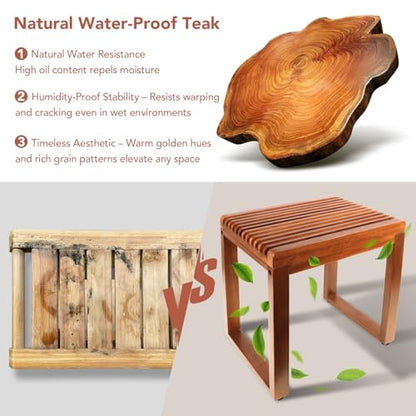 Wide Teak Shower Bench 23.6” – Heavy Duty 500 lbs Wooden Bath Stool, Comfortable Shower Seat for Shaving Legs & Elderly - size: Large