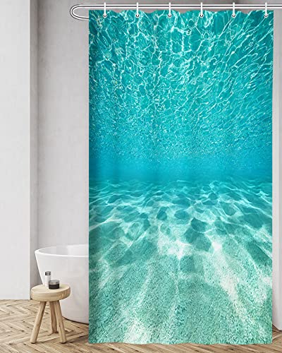 MERCHR Cute Teal Blue Ocean Shower Curtain, Nature Underwater Sea World Sand Beach Bathroom Curtains Waterproof Fabric, 36 x 72 Inches - color: Teal, size: 36"W x 72"L (Pack of 1)