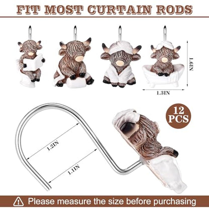 12 Pcs 4 Style Highland Cow Shower Curtain Hooks Rustic Farmhouse Western Decorative Shower Hooks Resin Metal Double Material No-Rust Sliding Curtain Rings for Bathroom Decor for Cow Lovers