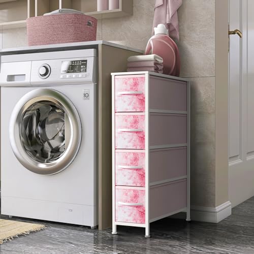 Sorbus Kids Narrow Dresser with 4 Drawers - Vertical Slim Storage Chest of Drawers with Steel Frame, Wood Top & Easy Pull Fabric Bins for Small Spaces, Closets, Bedroom, Bathroom & Laundry - color: Tie-dye Pink, style: 4 Drawer