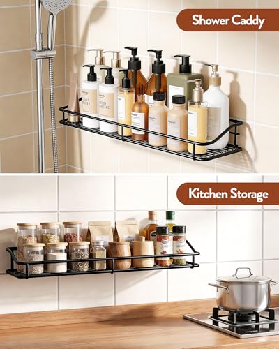 Orimade Adhesive Bathroom Shelf Organizer Shower Caddy Storage Basket Kitchen Spice Rack No Drilling SUS304 Stainless Steel Rustproof, 15.75 inch, Black - color: Black