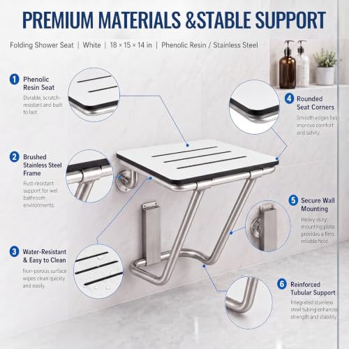 Leinuosen 18" x 15" Folding Shower Seat Bench ADA Compliant Wall Mount Phenolic White Foldable Shower Chair with Stainless Steel Support 400 Lbs Capacity for Inside Bathroom Bathtub Small Space