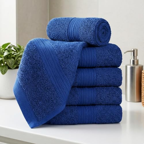 100% Cotton Washcloths 12x12 Inches, 600 GSM, Soft & Absorbent, Durable, Set of 5, Navy - color: Navy, size: Washcloth Set of 5