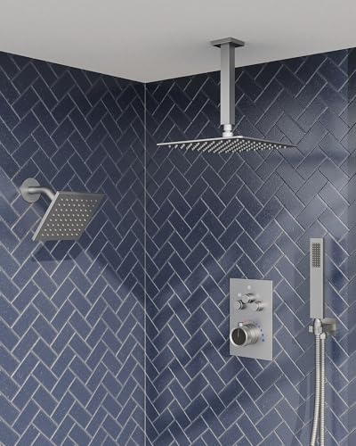 Shower Faucet Set with Handheld Spray, Brushed Nickel | 12" Ceiling Mount SUS304 Rainfall Shower Head System, 6" Side Head, 3-Function Thermostatic Valve Trim Kit, All Metal - color: Brushed Nickel