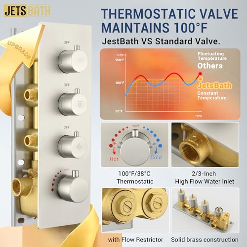 16" Thermostatic Dual Rainfall Head Shower System with Handheld & Valve, 16” Ceiling Shower Faucet Set with 6-Inch Shower Head, JetsBath Brushed Nickel Full Body Shower System for Couples/ 2-Person - color: Brushed Nickel